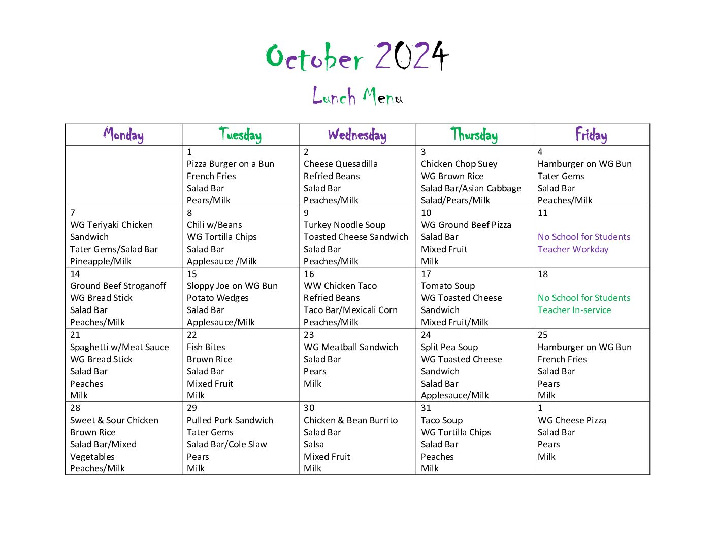 October 2024 Lunch Hoonah School District