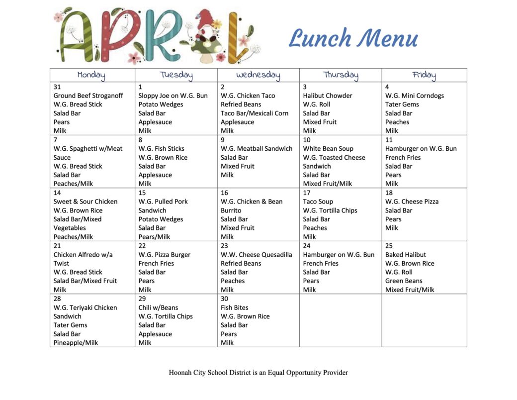 April Lunch Menu